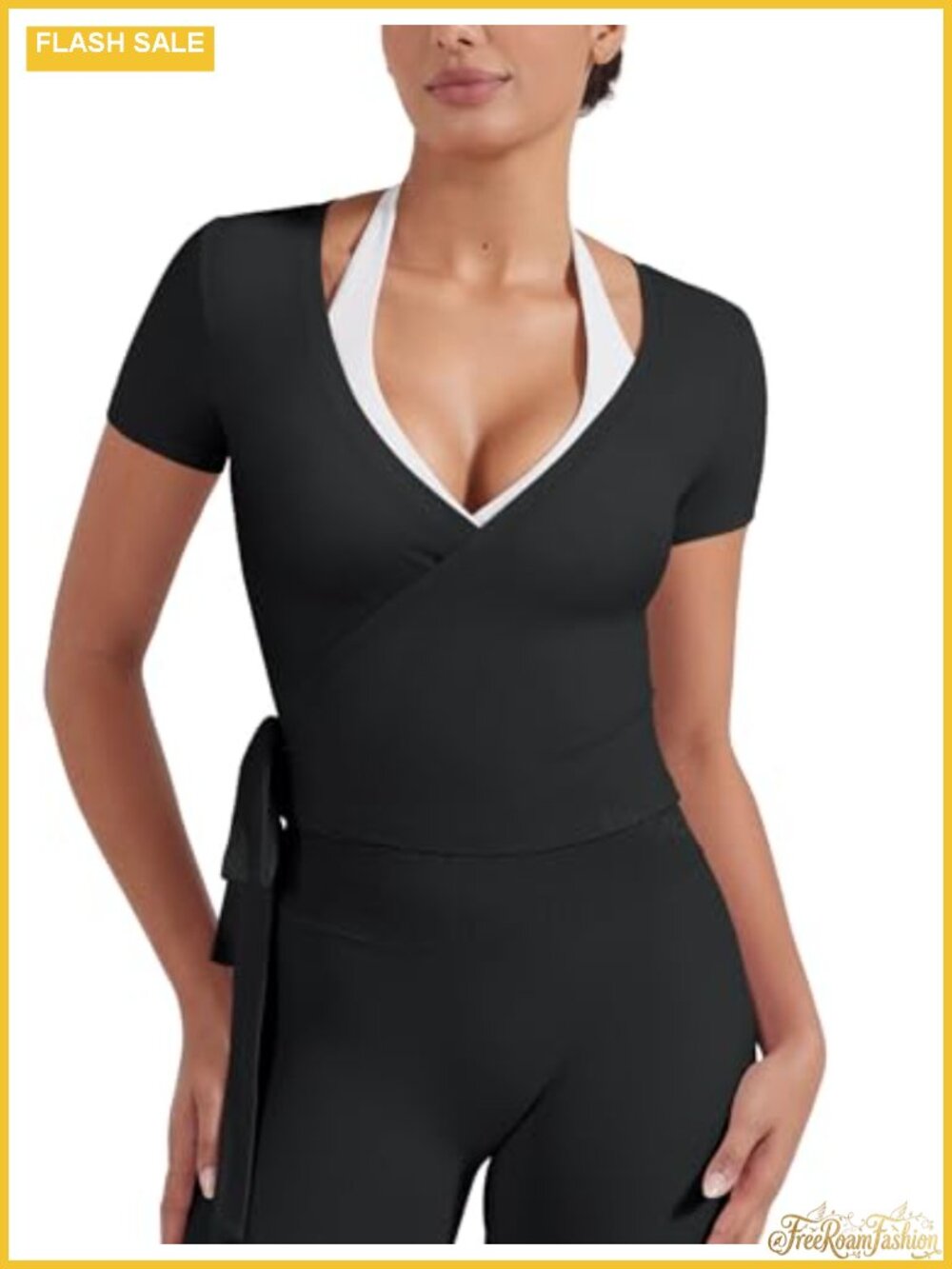Ballet Wrap Top Short Sleeve Self Tie Pilates Yoga Shirt Soft Stretchy Nylon